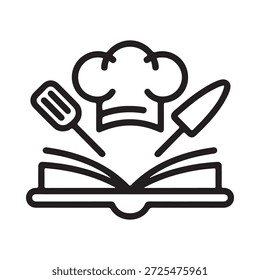 An open cookbook with a chef s hat knife and spatula illustration