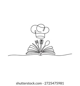 Un libro de cocina abierto con un sombrero de chef y utensilios de cocina en línea