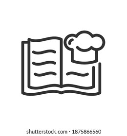 open cookbook with cook hat, cooking, linear icon. Editable stroke