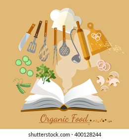 Open cookbook kitchenware flat style vector illustration 