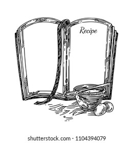 Open cookbook for recipe. Sketch. Engraving style. Vector illustration.