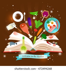 Open cooking book. Kitchen recipe cookbook vector illustration