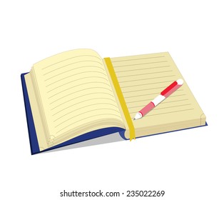 Open copybook with bookmark and pen. vector illustration