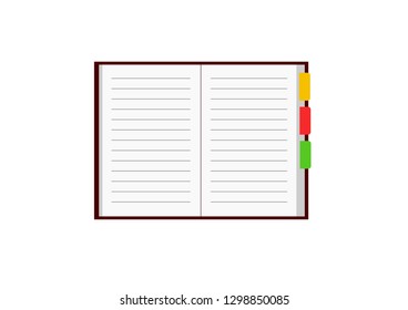 Open copybook with colored bookmarks. office item