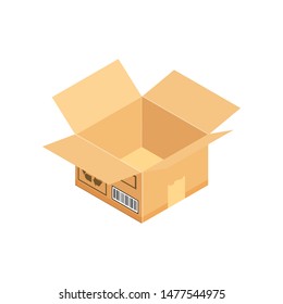 Open corrugated isometric box. Concept for cargo shipping, unpacking.Vector icon isolated on white background.