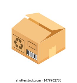 Open corrugated isometric box. Concept for cargo shipping, unpacking.Vector icon isolated on white background.