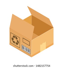 Open corrugated isometric box. Concept for cargo shipping, unpacking.Vector icon isolated on white background.