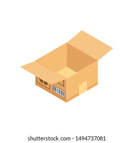 Open corrugated isometric box. Concept for cargo shipping, unpacking.Vector icon isolated on white background.