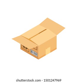 Open corrugated isometric box. Concept for cargo shipping, unpacking.Vector icon isolated on white background.