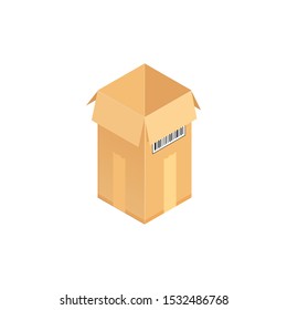 Open corrugated isometric box. Concept for cargo shipping, unpacking.Vector icon isolated on white background.