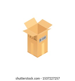 Open corrugated isometric box. Concept for cargo shipping, unpacking.Vector icon isolated on white background.