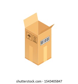 Open corrugated isometric box. Concept for cargo shipping, unpacking.Vector icon isolated on white background.