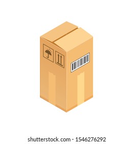 Open corrugated isometric box. Concept for cargo shipping, unpacking.Vector icon isolated on white background.