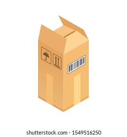 Open corrugated isometric box. Concept for cargo shipping, unpacking.Vector icon isolated on white background.
