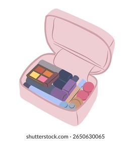 Open cosmetic bag contains various makeup items and personal care products in soft pink hues, perfect for beauty or travel related projects.
