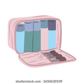 Open cosmetic bag contains various bottles and makeup brushes ideal for personal care and travel organization visuals