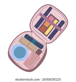 An open cosmetic bag displays an assortment of makeup items, perfect for showcasing beauty and personal care products in a creative way.