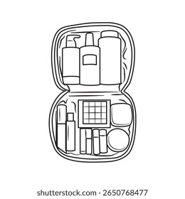 An open cosmetic bag displays an assortment of makeup items, perfect for showcasing beauty and personal care products in a creative way.
