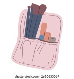 Open cosmetic bag filled with makeup brushes and product containers in a cartoon style, perfect for beauty and personal care illustrations.