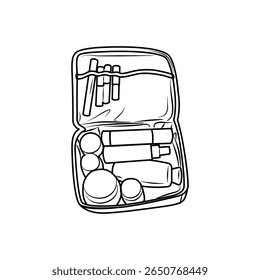 Offene Kosmetiktasche mit verschiedenen Make-up-Produkten im Inneren, ideal für die Präsentation von Schönheitsessentials und Reiseaccessoires auf einfache und niedliche Weise.
