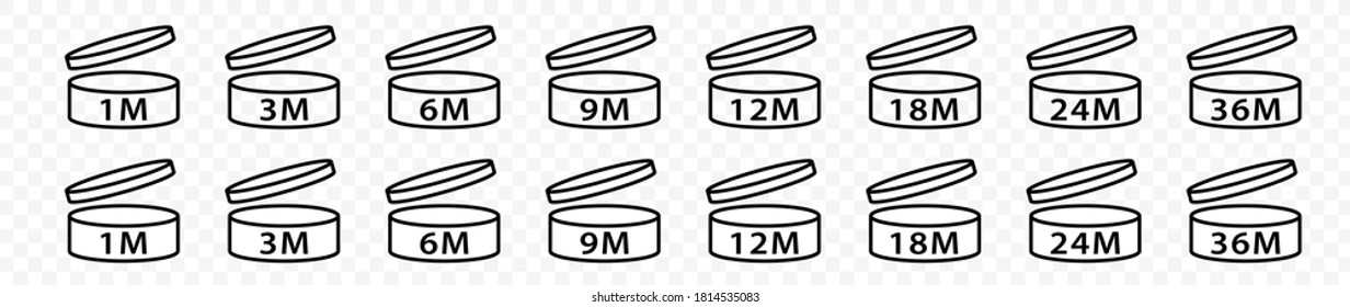 Open cosmetic cream sign. The shelf life of the product after opening the package in months. Flat line symbol - PAO. Information sticker. Vector illustration