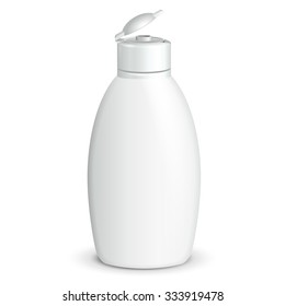 Open Cosmetic, Hygiene, Medical Grayscale White Plastic Bottle Of Gel, Liquid Soap, Lotion, Cream, Shampoo. Ready For Your Design. Illustration Isolated On White Background. Vector EPS10
