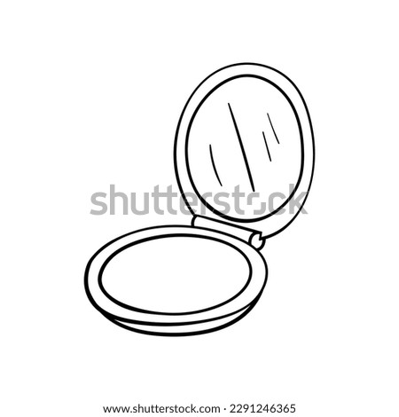 Open cosmetic makeup powder case with a mirror hand drawn outline vector illustration. Isolated on white background