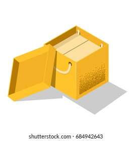 Open coube gif box with other box inside, isometric flat vector illustration isolated on white background