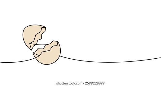 Open cracked eggshell one line colored continuous drawing. Organic farm product. Vector illustration