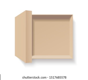 Open craft box. Empty cardboard container template. 3d top view illustration with transporented shadow isolated on white. Blank space inside recycle bio pakage mockup. Closeup realistic vector object.