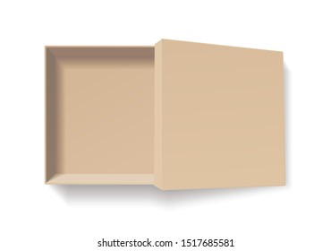 Open Craft Box. Empty Cardboard Container Template. 3d Top View Illustration With Transporented Shadow Isolated On White. Blank Space Inside Recycle Bio Pakage Mockup. Closeup Realistic Vector Object.
