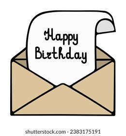 Open craft envelope with a letter. Happy birthday text on a rolled up white sheet. Invitation letter for an event. Lettering. Color vector illustration. Cartoon style. Isolated background. 