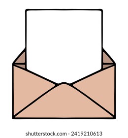 Open craft envelope with a letter. From the message you can see a clean, white sheet. Color vector illustration. Cartoon style. Isolated background. Idea for web design.