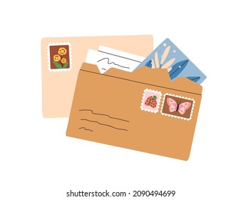 Open craft envelope with postage stamps, paper letter and post card. Handwritten mail composition. Correspondence with greeting postcard. Flat vector illustration isolated on white background