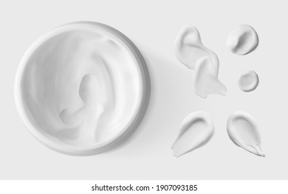 Open Cream In Jar And Moisturizer Smear Isolated Realistic Vector Illustration, Above. Beauty Facial Cosmetic Product Texture Top View. Body Care Lotion