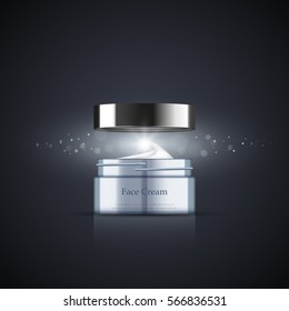 Open cream jar with shine on abstract background, realistic design, vector illustration, package template
