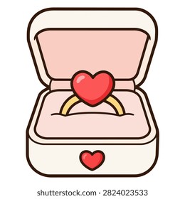 Open cream and pink ring box holding a gold ring with a red heart-shaped stone and a small heart decoration on the front.
