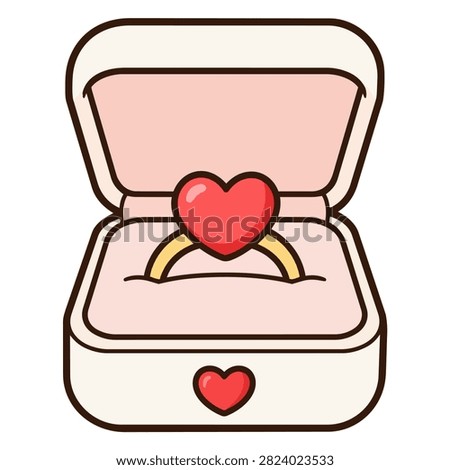 Open cream and pink ring box holding a gold ring with a red heart-shaped stone and a small heart decoration on the front.