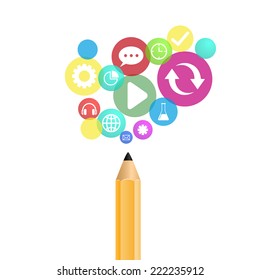 Open creative pencil with icons of education. Vector illustration. Modern educator concept