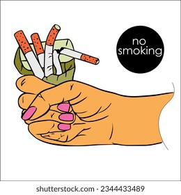 An open, crumpled pack of cigarettes in his hand, one cigarette crushed or crumbled. quit smoking with fist with crushed pack of cigarettes. quitting smoking.