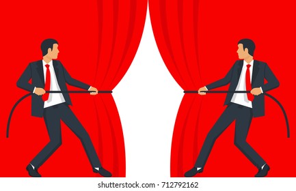 Open Curtain. Businessman Hands Pull Rope Red Velvet Silk Fabric. Grand Opening Concept. Vector Illustration Flat Design. Isolated On White Background.  Ceremony, Celebration, Presentation And Event.