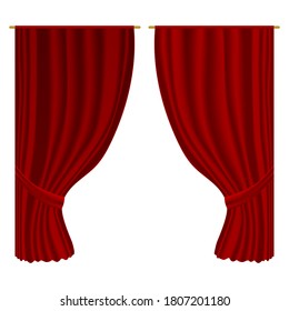 Open curtains. Isolated vector realistic velvet textile decoration drapery design. Luxury open red curtains stage entertainment interior decor