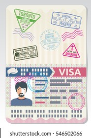 Open Custom Passport With Visa Stamps. Business Travel Vector Concept.