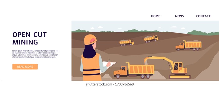 Open cut mining banner with industrial worker woman writing on paper document looking at trucks working on mine quarry pit. Flat vector illustration.
