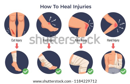Open cut wounds knee elbow bruises foot injury treatments concept round flat icons bandage applications vector illustration 