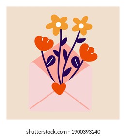 Open cute envelope with flowers Valentine day decoration. letter with message of spring flat vector illustration. Cute postcards, greeting card, Art print, Flyers, invitation, poster, brochure, banner