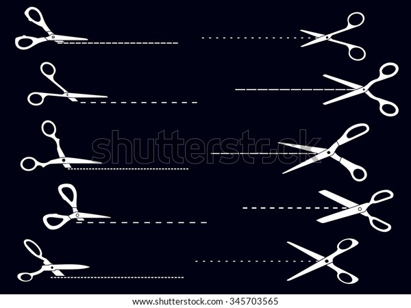 Open cutting\
scissors and cut lines white silhouettes template design, for\
product packaging or promotion\
elements