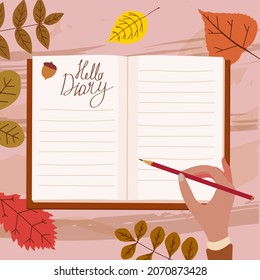 Open Daily Diary notepad, hand of a girl with a pencil, list schedule, goals, to do, acorn, autumn leaves. Personal planning and organisation, organizer page. Vector illustration modern cartoon style