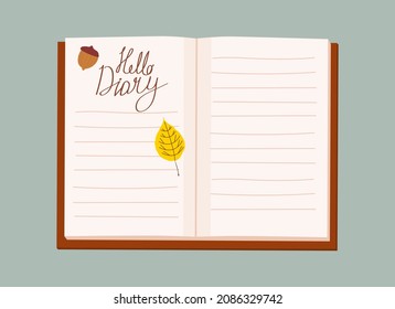 Open Daily Diary notepad, list schedule, goals, to do, acorn, autumn yellow leaf. Personal planning and organisation, organizer page. Vector illustration modern cartoon style