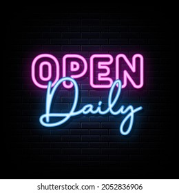 Open daily neon signs vector. Design template neon sign